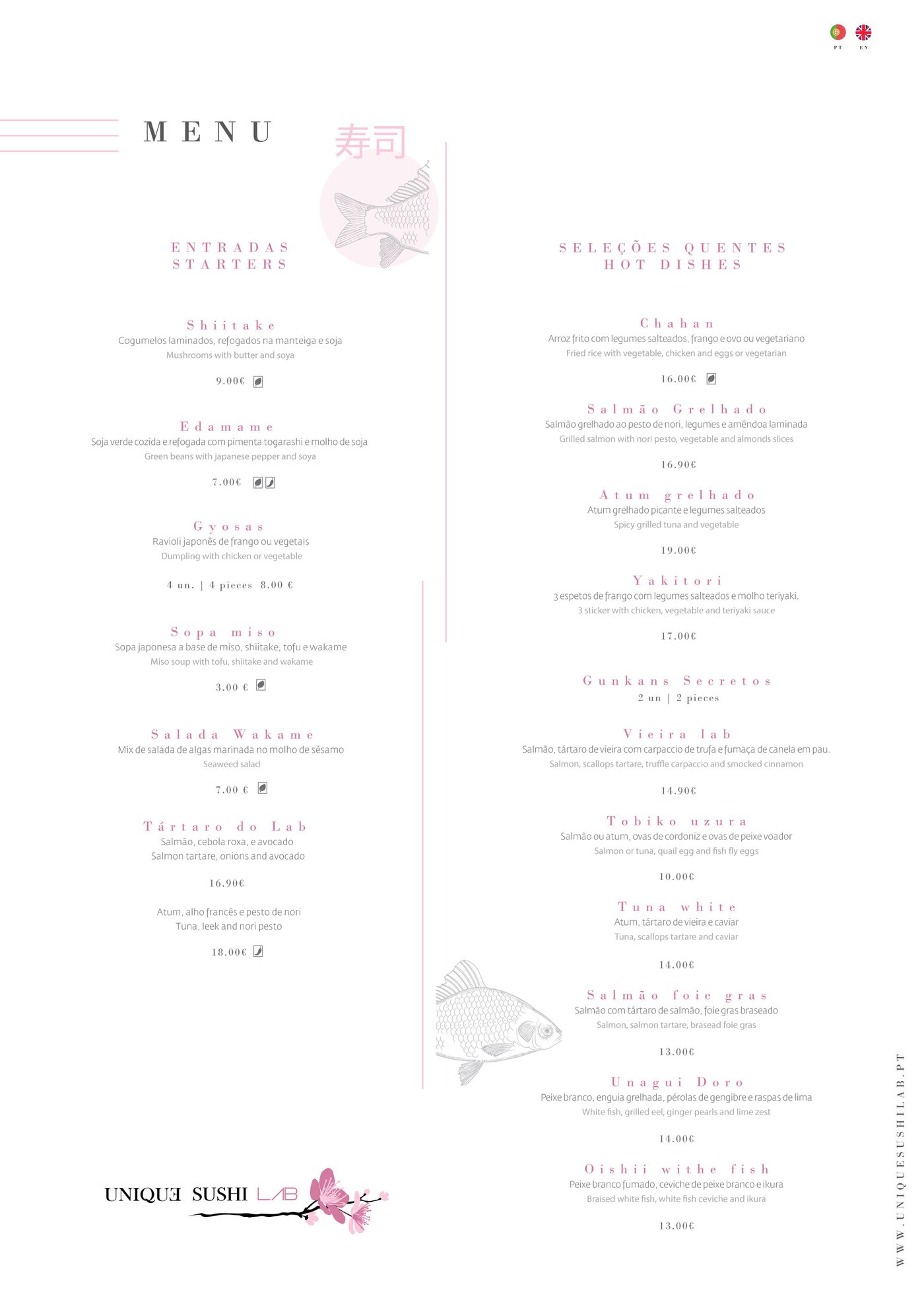 Unique Sushi Lab menu page listing starters and hot dishes, in Portuguese and English