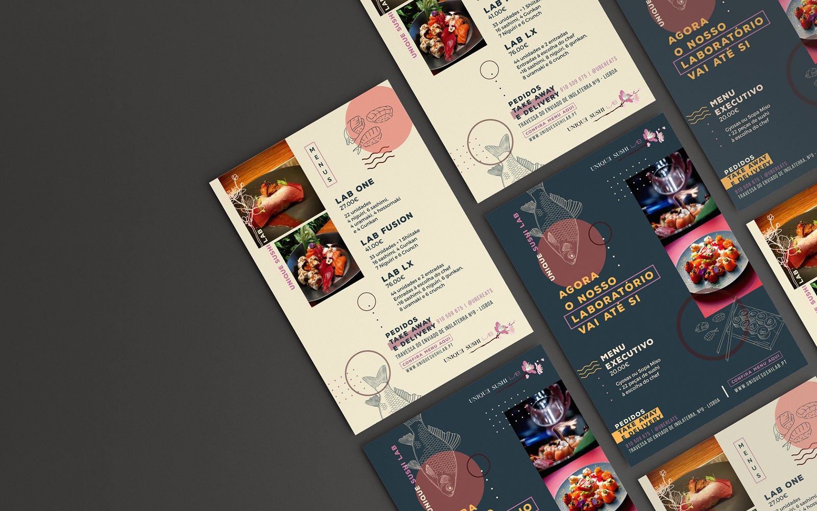 Unique Sushi Lab menu pages laid out and photographed as a tilted flat-lay, showing how the print pieces actually sit next to one another