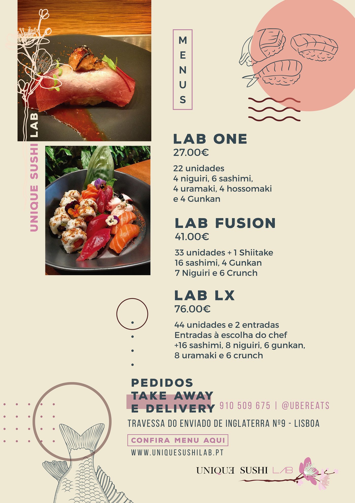 Unique Sushi Lab tasting sets page: Lab One, Lab Fusion and Lab Lx with photography and piece breakdowns
