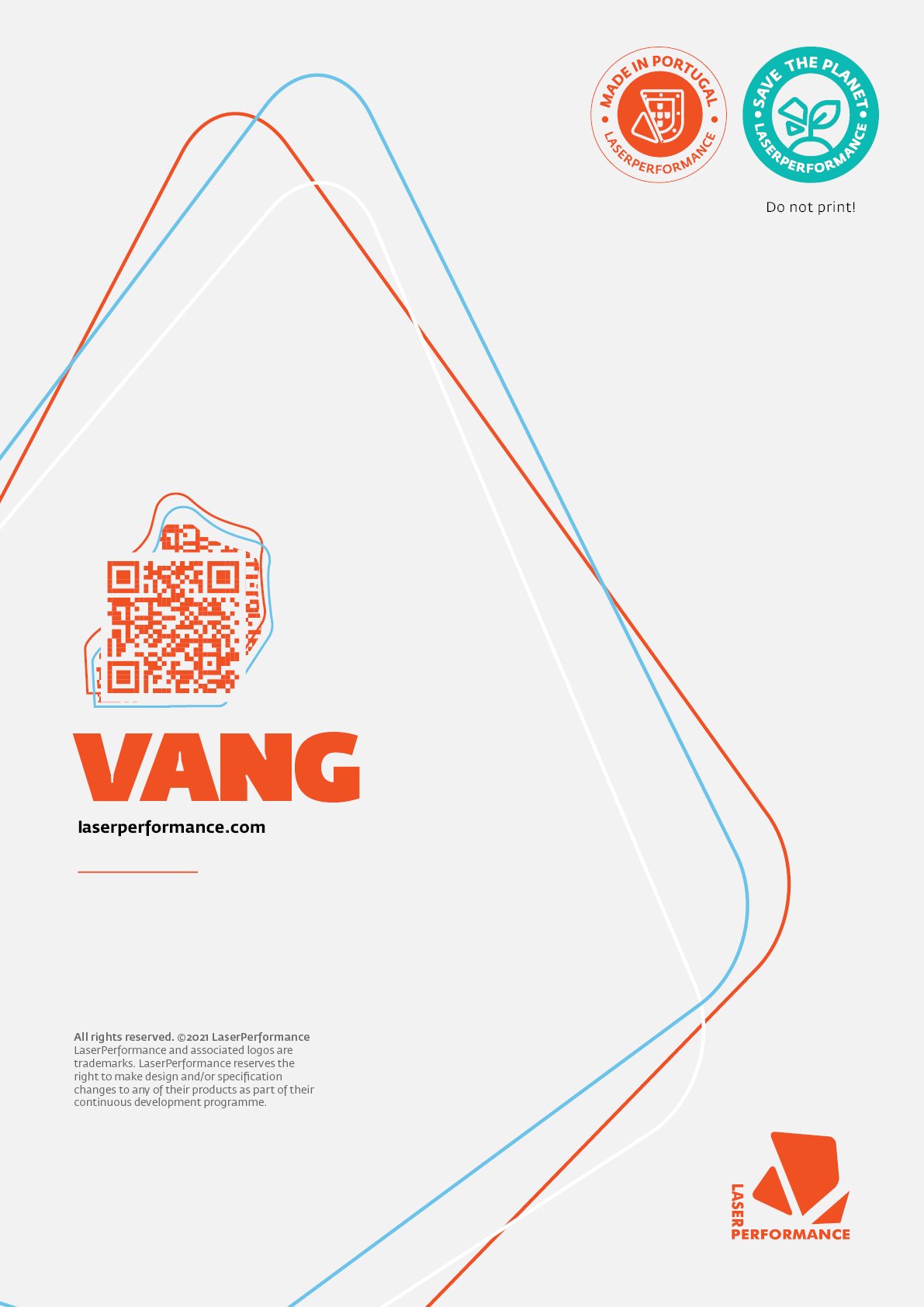 VANG brochure back cover with a QR code, sustainability and made-in-Portugal seals, and the LaserPerformance logo