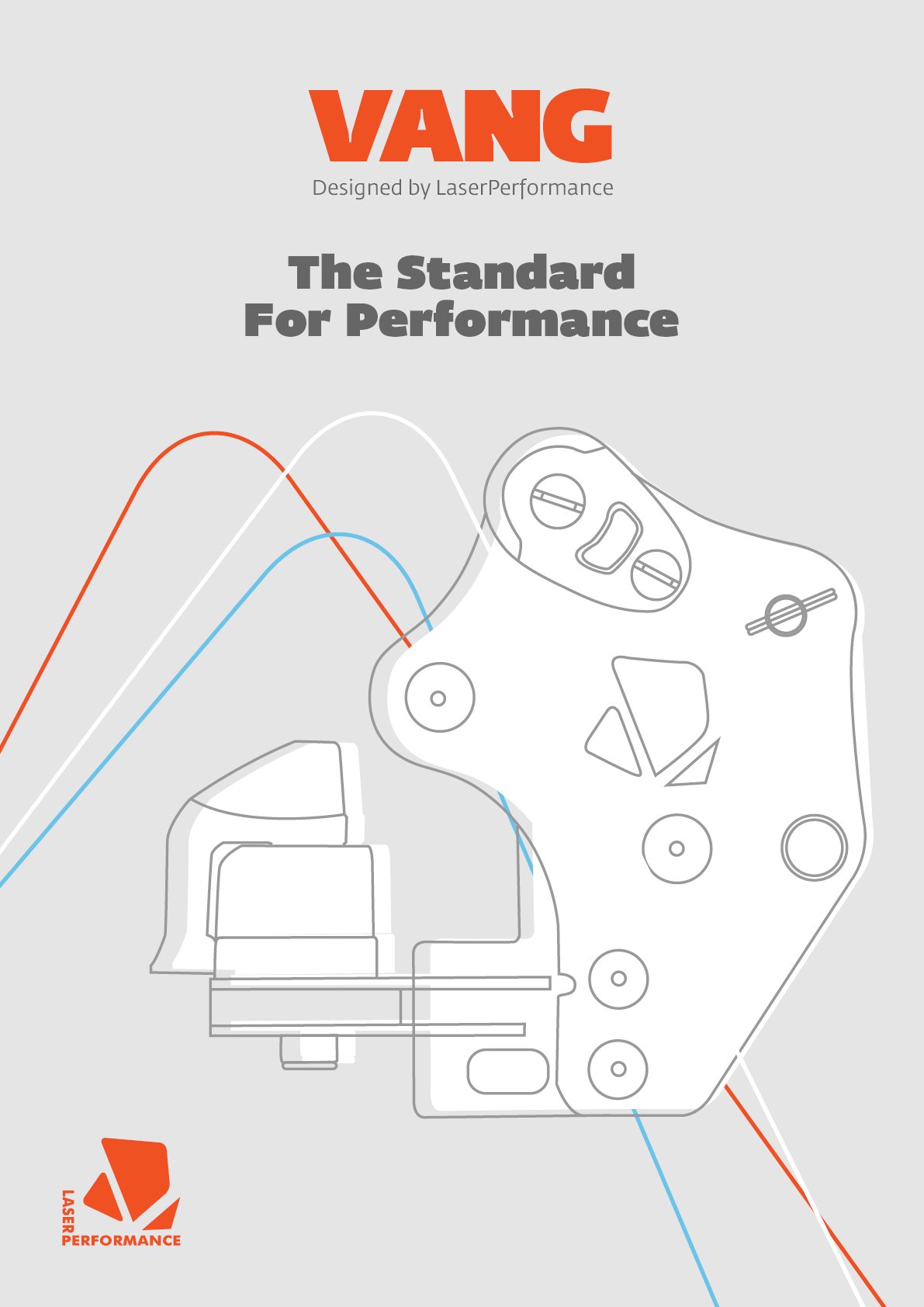 VANG logo lockup poster: 'The Standard For Performance, Fits any Dinghy' next to a technical line-art illustration of the carbon cleat