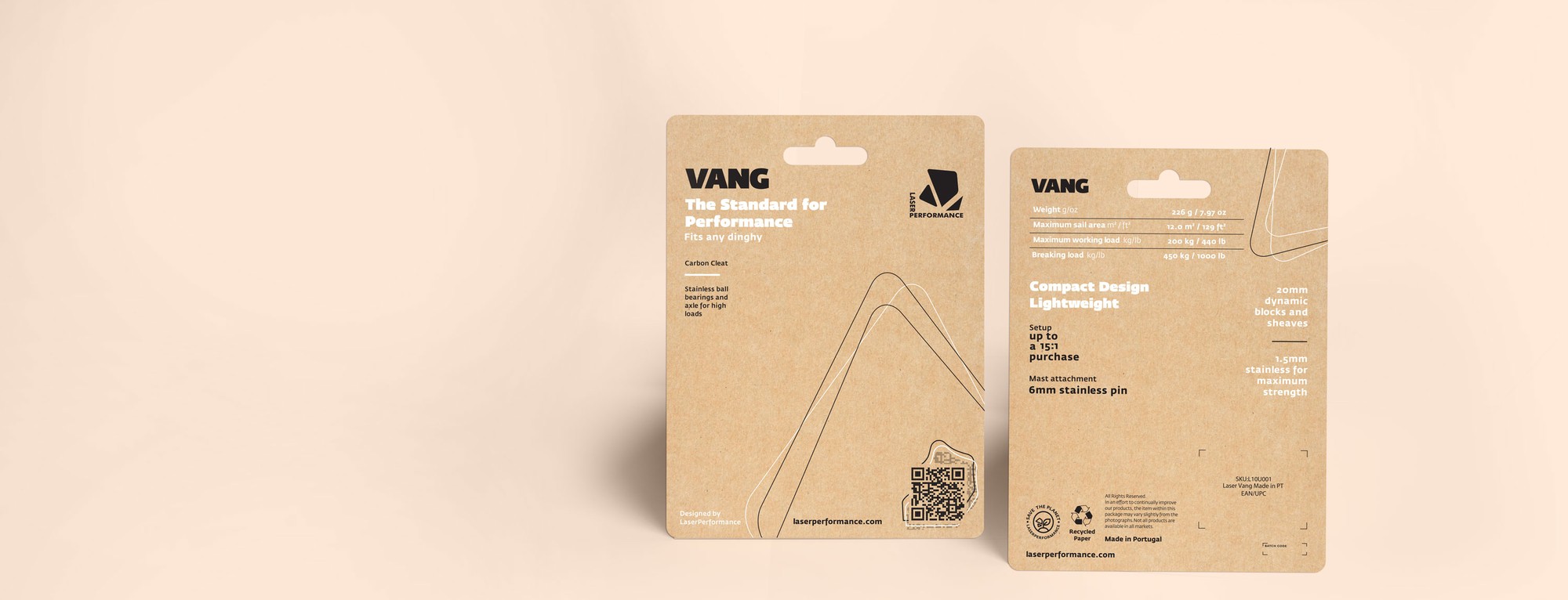 VANG blister pack mockup, front and back, on a kraft-card carbon cleat package