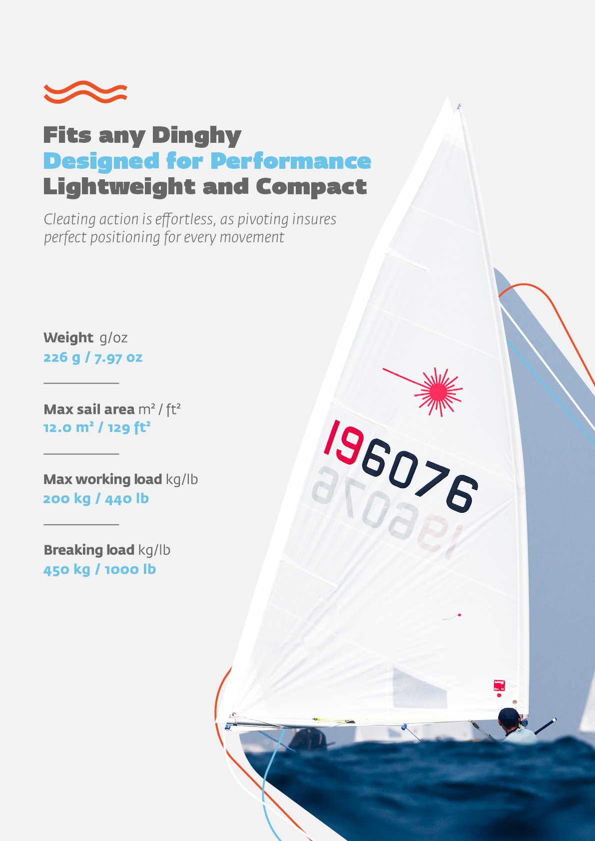VANG brochure spread: a sailboat photo under sail with weight and load specifications listed alongside