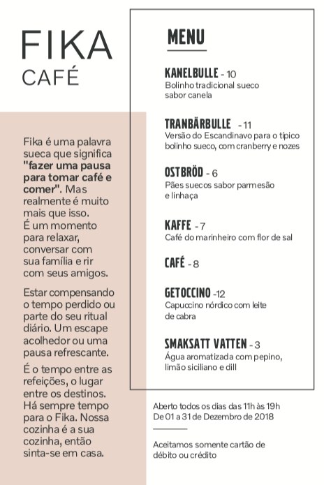 Fika Café tie-in flyer for the Volvo event: café branding, a short blurb on the Swedish concept of fika, and a menu of Nordic-inspired snacks and drinks