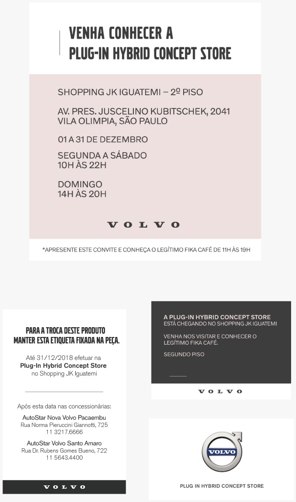 Plug-In Hybrid Concept Store materials: the store invite with address and visiting hours, a product exchange tag listing the two dealerships, and the front and back of the store's announcement hang tag