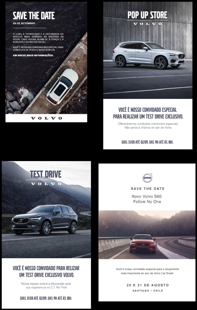 Four Volvo campaign posters: Save the Date for the XC60 D5, the Pop Up Store test-drive invite, a dedicated Test Drive poster, and Save the Date for the S60 launch in Santiago